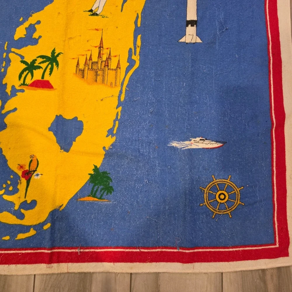Vintage Kel-Tex Karsten Florida Souvenir Beach Towel Map Graphic Cotton Brazil